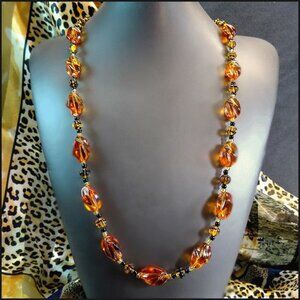 RARE 1950s Neu Gablonz Tortoise Amber Glass Twist Long Necklace